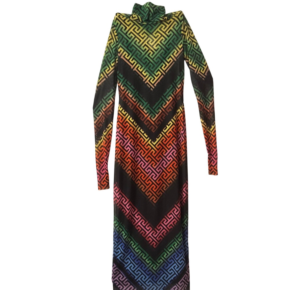 Afrm Geo Stripe Mesh Maxi Dress Rainbow Greek Key Turtleneck Small NWT